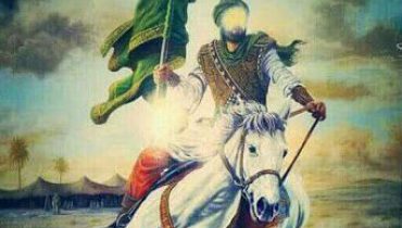 A-depiction-of-Imam-Hussein-riding-into-the-Battle-of-Karbala-carrying-a-green-flag